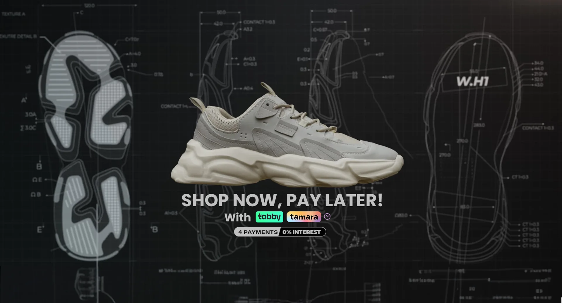 L'EXUDE height-increasing sneakers on a blueprint background with 'Shop Now, Pay Later' through Tabby & Tamara.