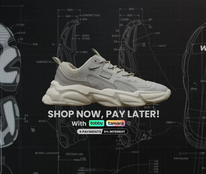 L'EXUDE height-increasing sneakers on a blueprint background with 'Shop Now, Pay Later' through Tabby & Tamara.