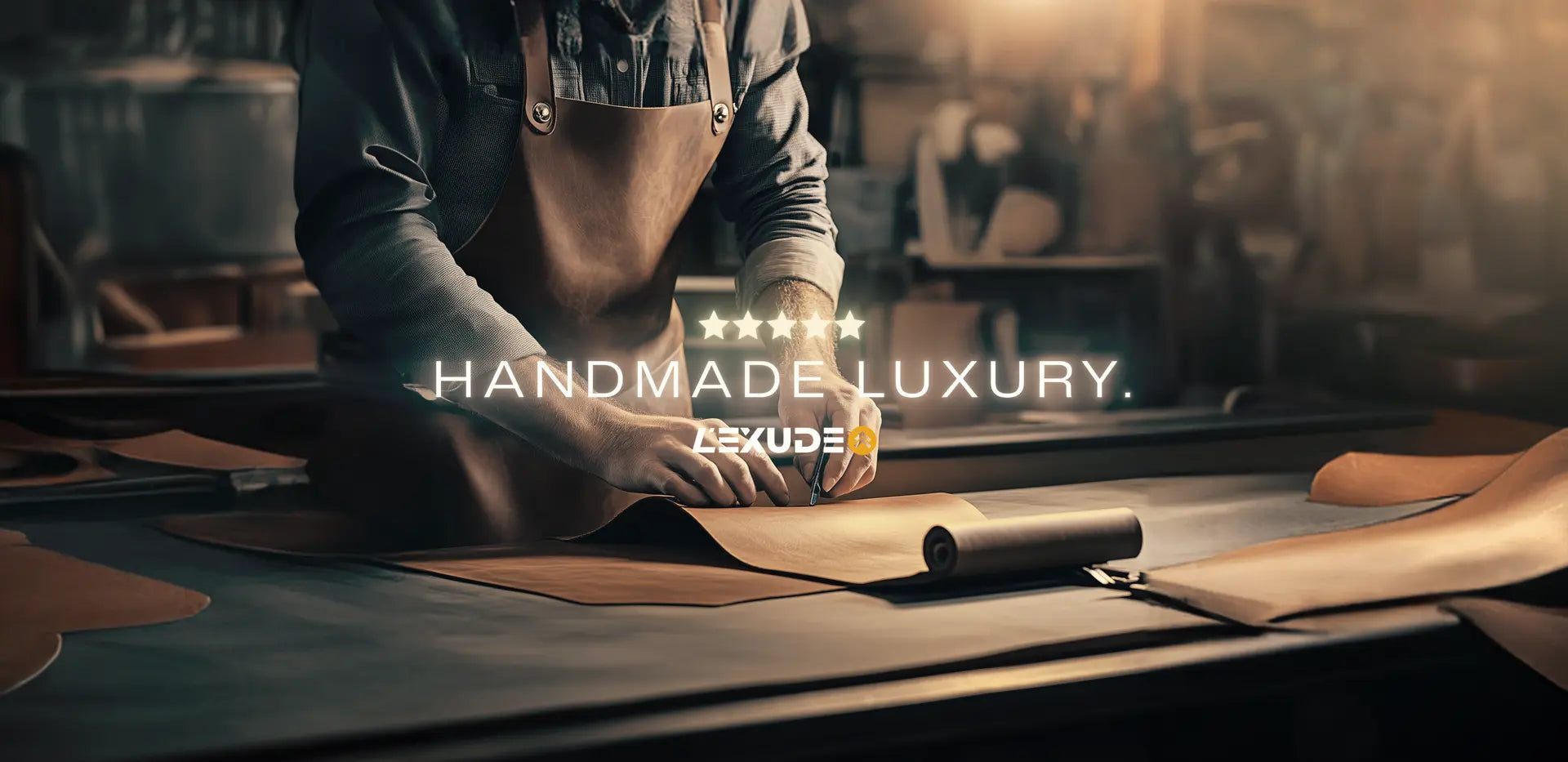 Craftsman in a leather apron making L'EXUDE's handmade luxury height-increasing shoes. 'Handmade Luxury.'