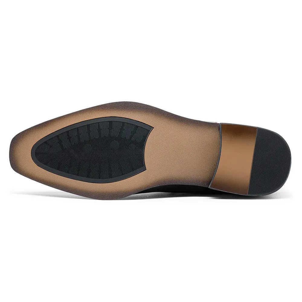 L'EXUDE L'OMBRE NOIRE height-increasing elevator formal shoes, color black, shown in a bottom view